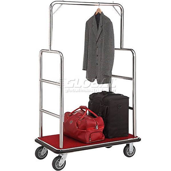 Global Industrial Silver Stainless Steel Bellman Cart, Straight Uprights, 6 Rubber Casters, 41-1/4L x 24W x 73H 985116SL